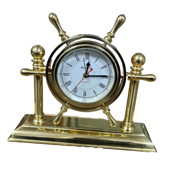 Bulova Battery Operated Ship’s Wheel Brass Desk Clock Nautical 8 1/2" - Picture 1 of 4